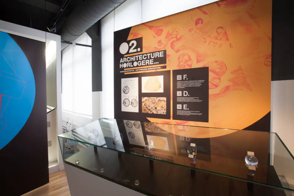 Panneau « Architecture horlogère » sur fond orange