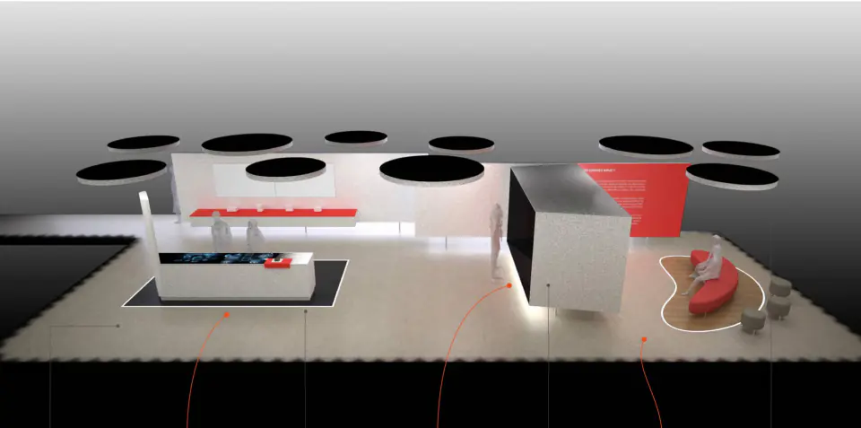 Visualisation 3D : table centrale sous un plafond lumineux