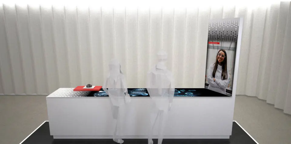 Visualisation 3D : comptoir d’accueil et écran vertical