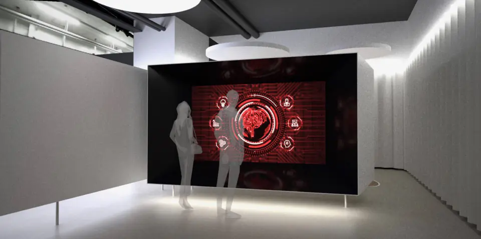 Visualisation 3D : mur-écran rouge et silhouettes de visiteurs