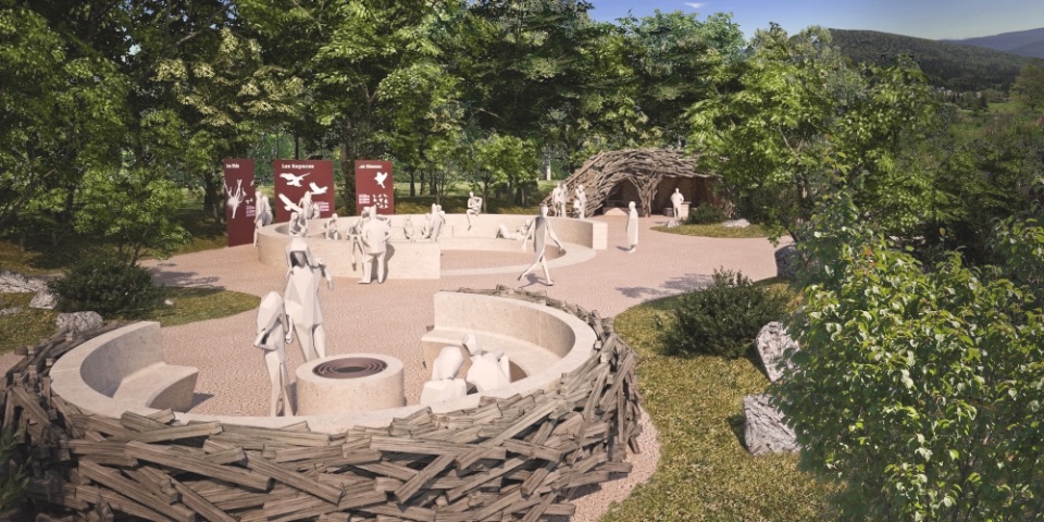 Focus maquette  3D du projet d’aménagement de la Maison de Corvus (Espace Corvus), parmi les arbres
